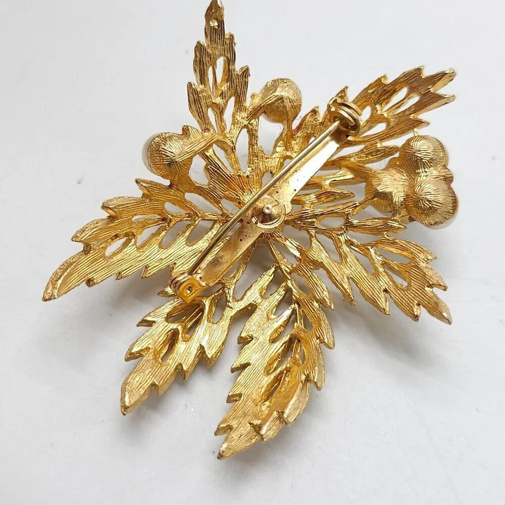 Vintage Gold Leaf Faux Pearl Brooch Pin Mid Century